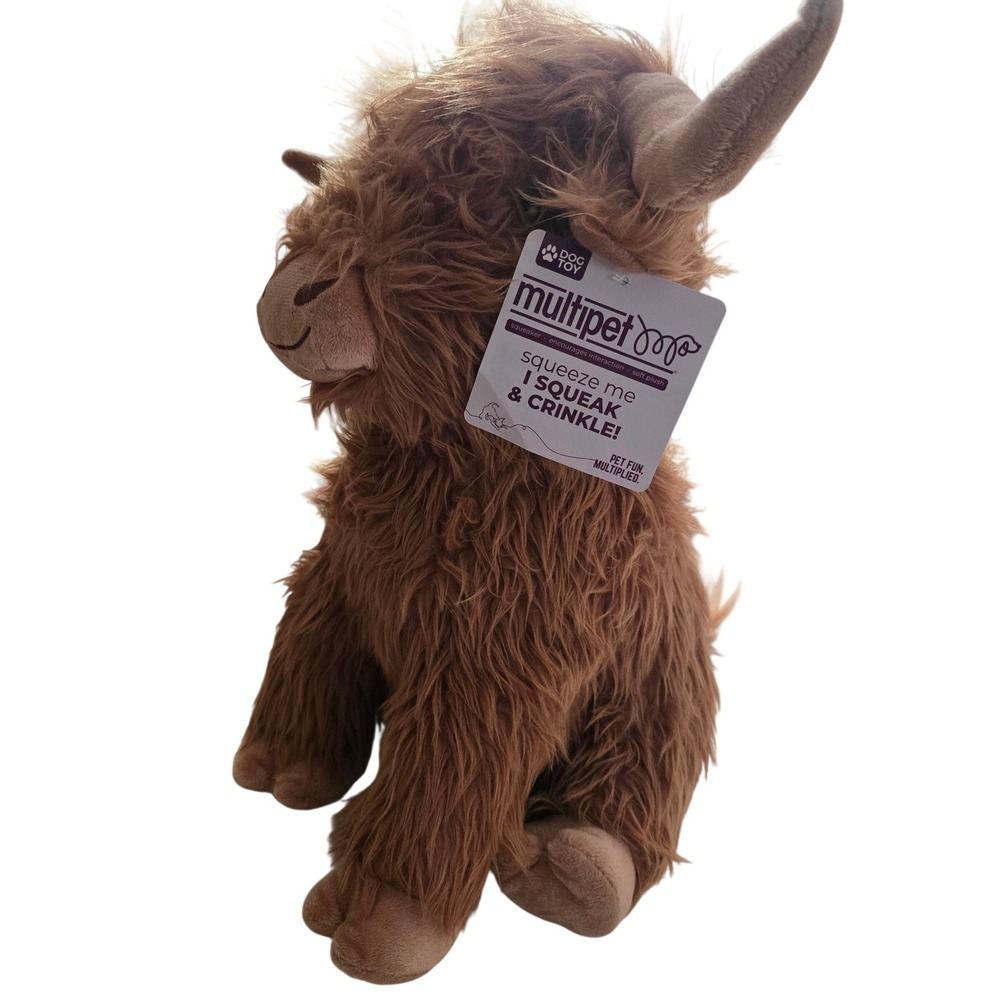 Multipet Highland Cow Brown Plush‎ Dog Toy Squeaker Crinkle 87381 New